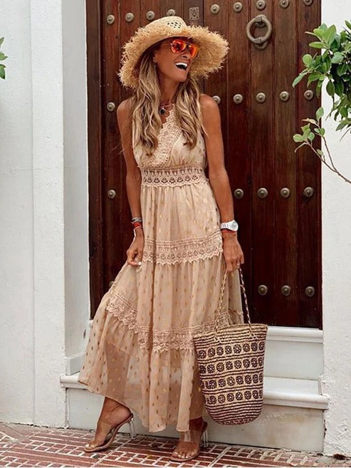Women's boho maxi dress in flowy silhouette, lightweight breathable fabric for beach and festival style