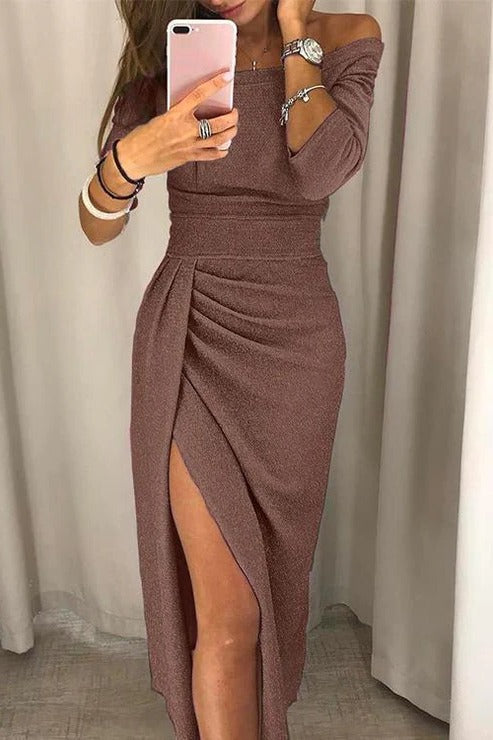 Women's off-shoulder gala dress in flowing silhouette, elegant formal gown for weddings and events