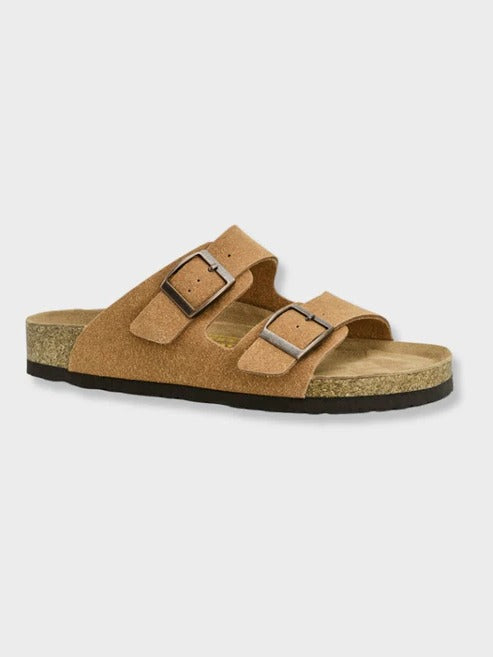Men's casual summer sandals white double buckle straps contoured cork footbed everyday comfort