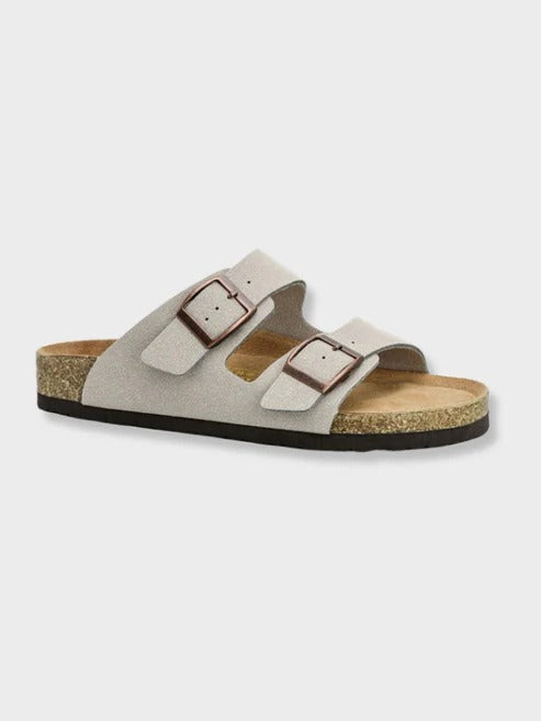 Men's casual summer sandals with white double buckle straps and contoured cork footbed