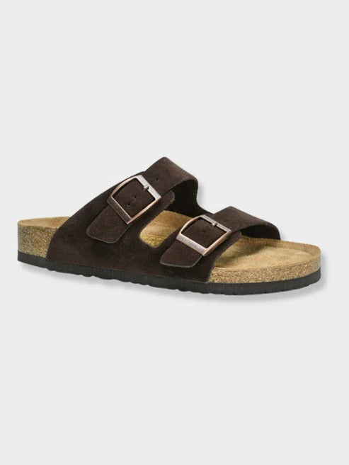 Men's casual summer sandals with white double buckle straps and contoured cork footbed