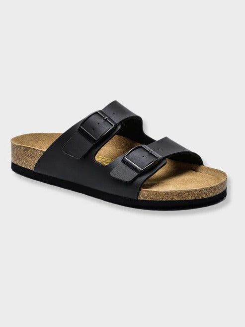 Men's casual summer sandals with white double buckle straps and contoured cork footbed