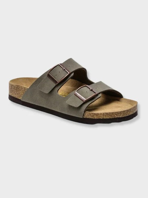Men's casual summer sandals white double buckle straps contoured cork footbed lightweight comfort