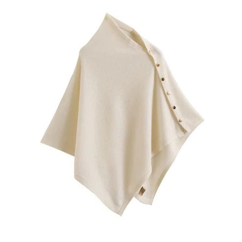 Women's buttoned poncho wrap with elegant front button closure, versatile layering style