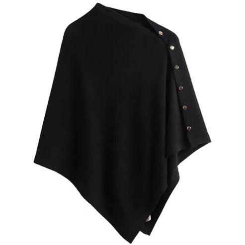 Women's buttoned poncho wrap in neutral tone with elegant button closure and versatile layered style