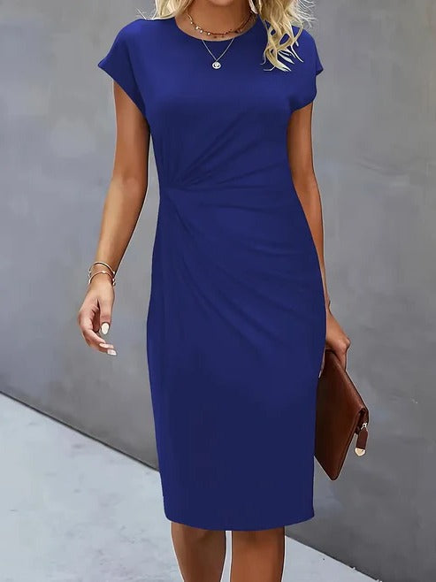 Women's navy midi dress tailored silhouette with classic round neckline for professional wear