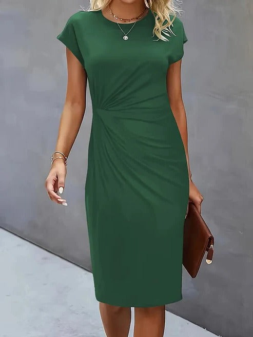 Women's tailored midi dress in classic solid color with round neckline, lightweight professional silhouette