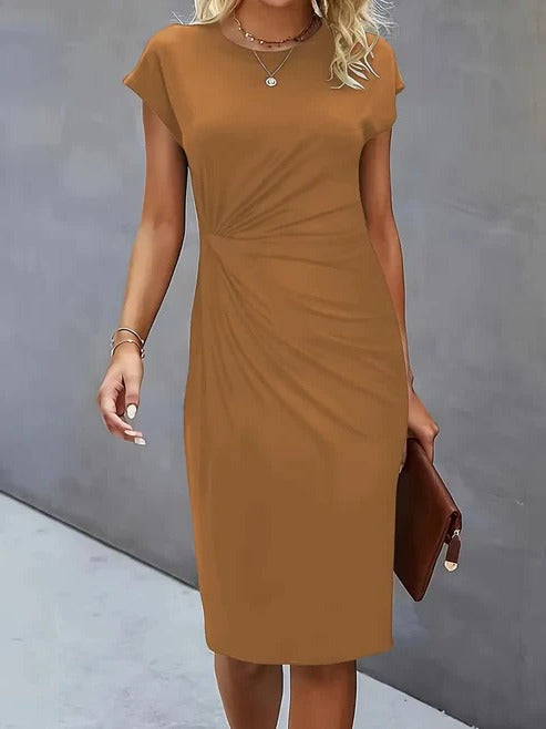 Women's tailored midi dress in classic style with round neckline, lightweight professional silhouette