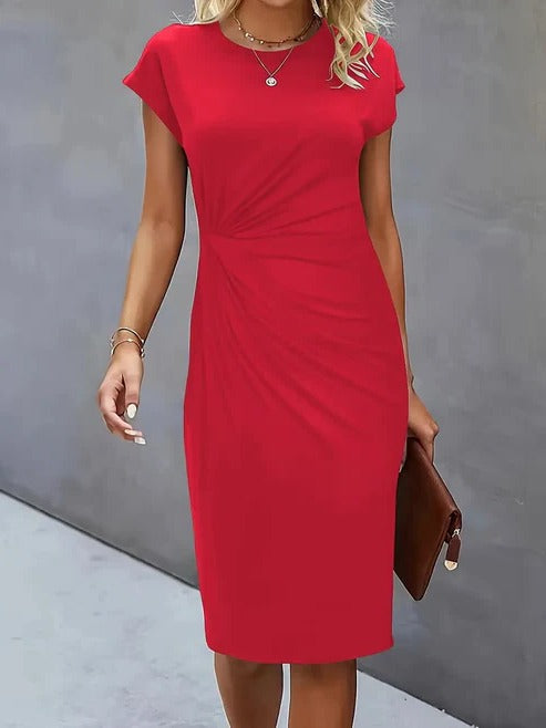 Women's tailored midi dress in classic cut with round neckline, lightweight professional style