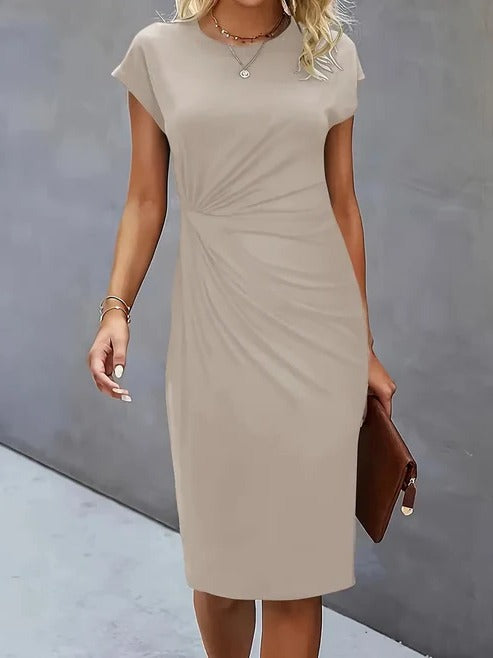 Women's tailored midi dress in elegant style with classic round neckline, lightweight professional silhouette