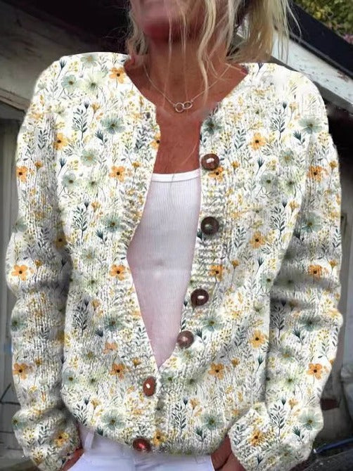 Wavlynn women's floral cardigan classic round neckline delicate pattern versatile everyday layer