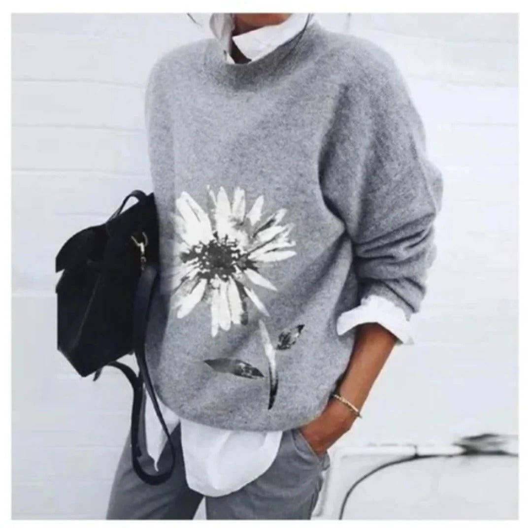 Women's floral knit sweater relaxed fit cozy lightweight feminine floral motif everyday versatile style