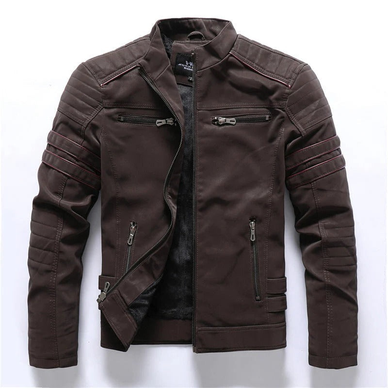 Men's black biker jacket with quilted shoulders, asymmetrical zip, sleek urban silhouette