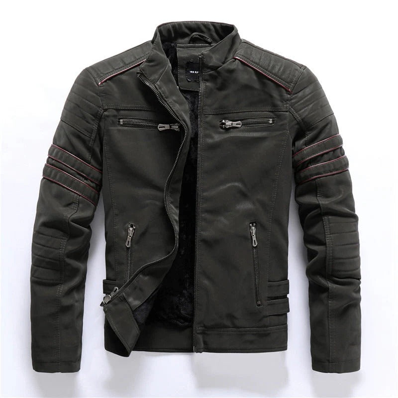 Men's black biker jacket with quilted shoulders, asymmetrical zip, sleek urban silhouette