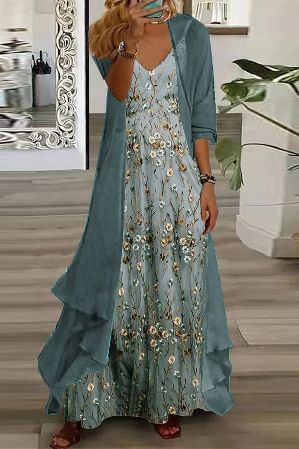 Wavy Print V-Neck Drawstring Belt Maxi Dress main image 0