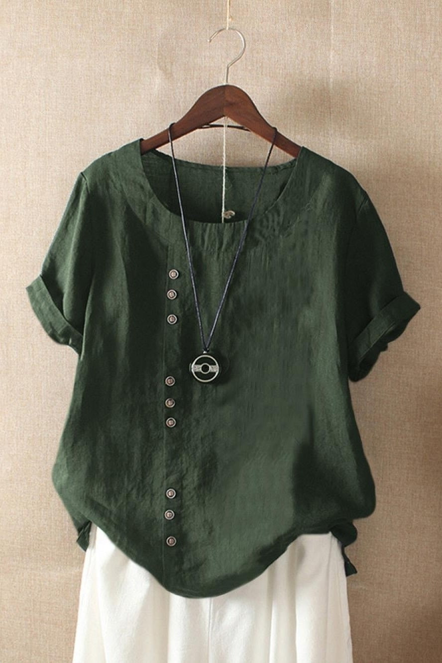 Women's Round Neck Solid Color Buttons Short Sleeves Blouse