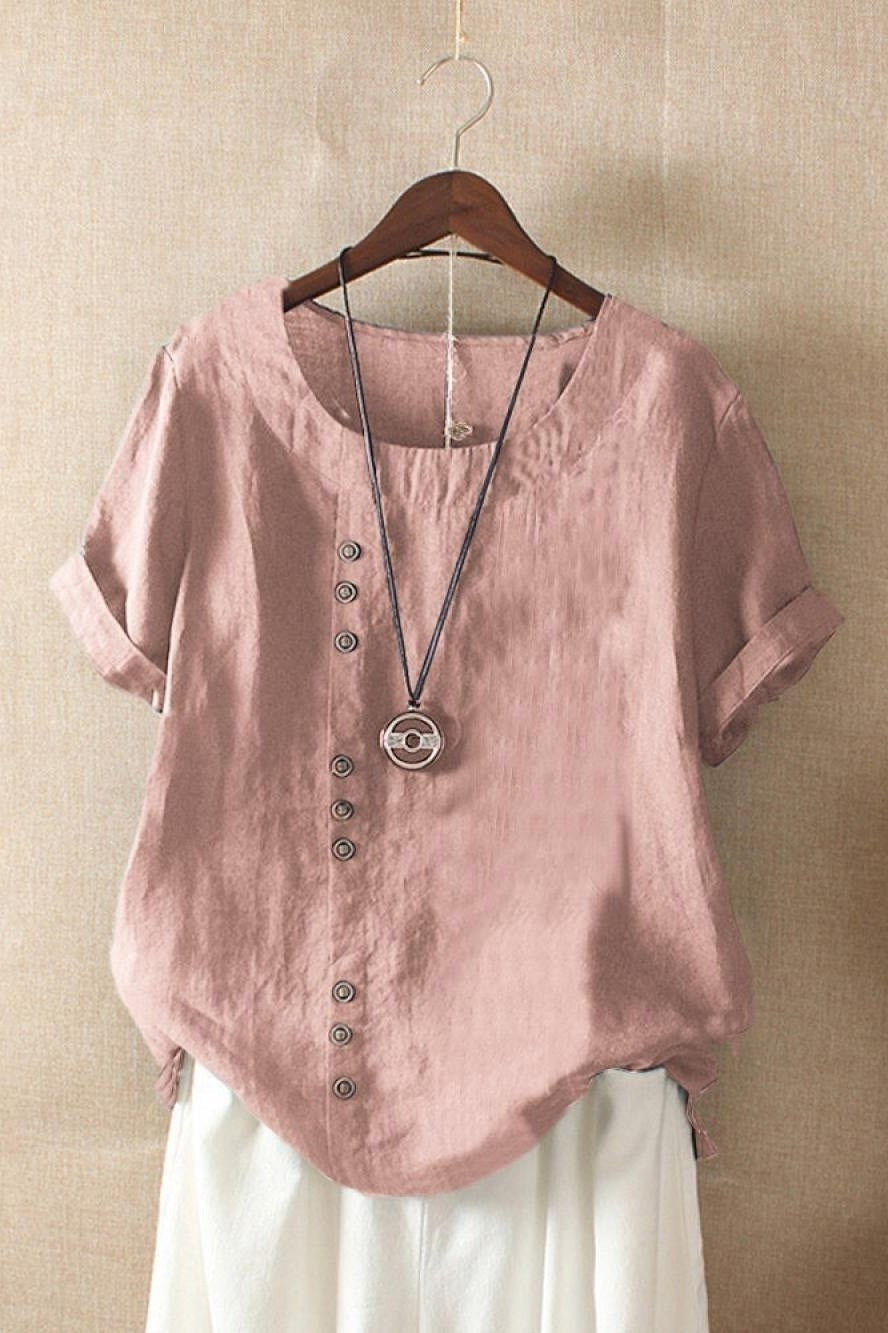 Women's Round Neck Solid Color Buttons Short Sleeves Blouse