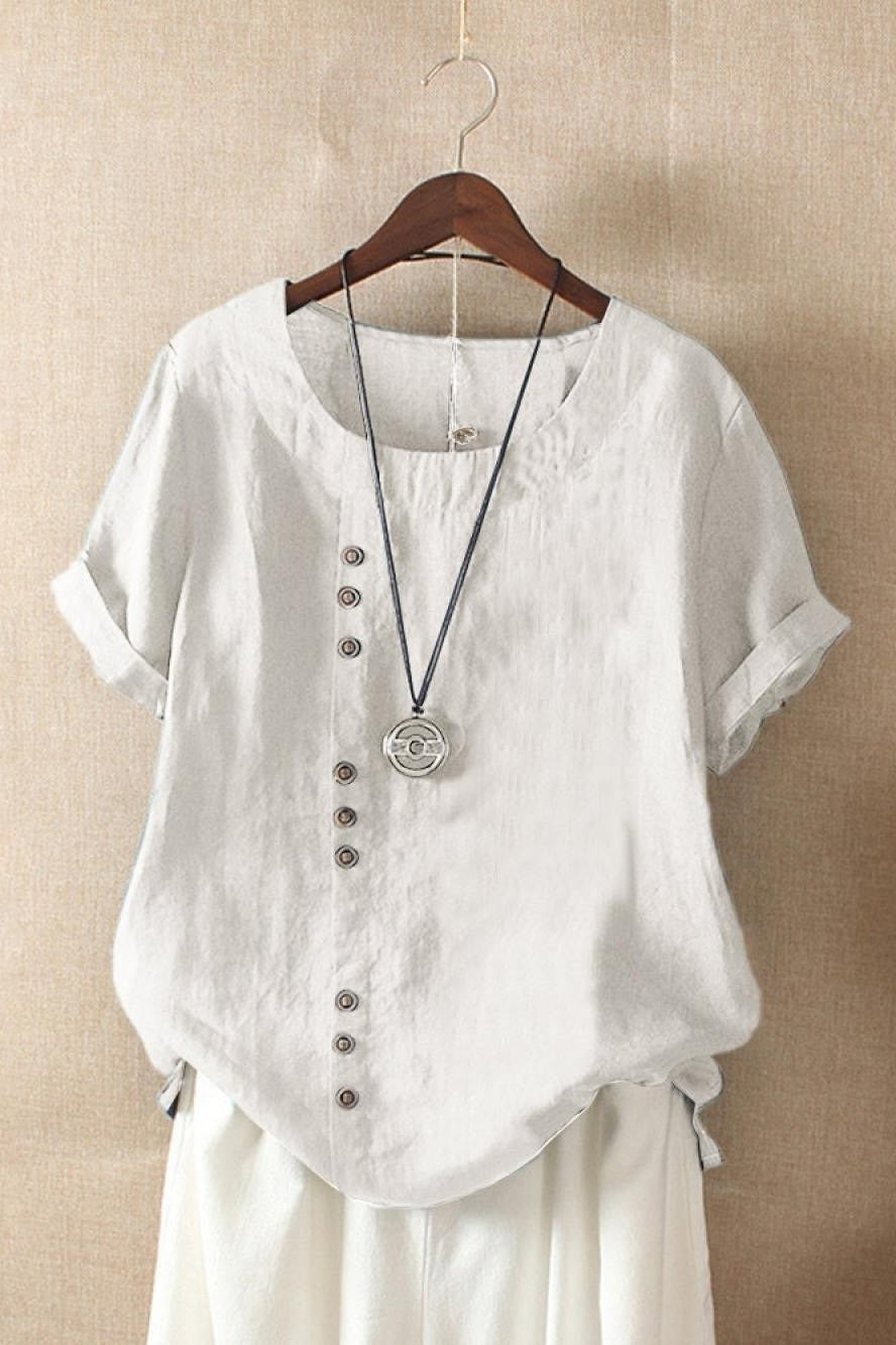 Women's Round Neck Solid Color Buttons Short Sleeves Blouse