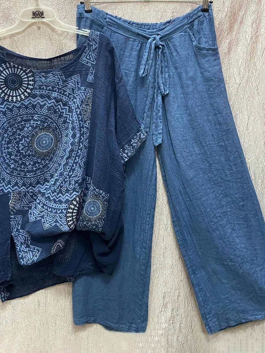 Women's boho mandala print co-ord set with wide-leg drawstring pants and matching crop top