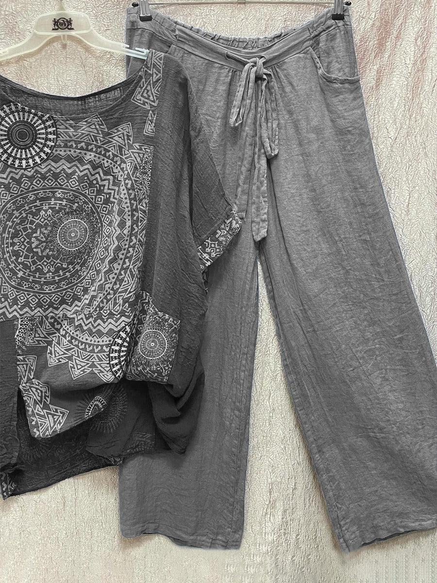 Women's mandala print co-ord set with crop top and wide-leg drawstring pants bohemian summer style