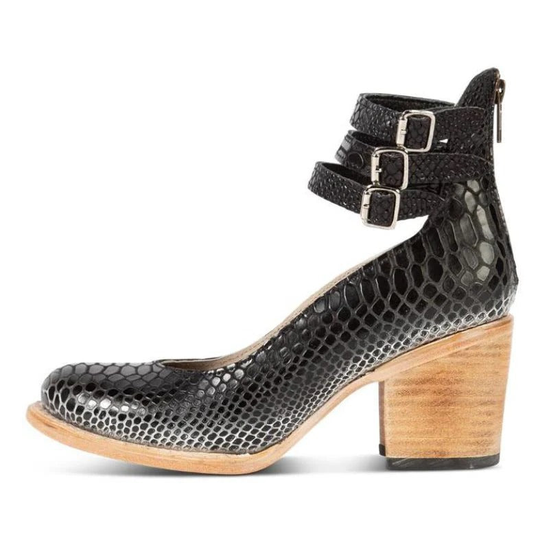 Women's black block heel ankle boots with back zipper closure, round toe, structured everyday style