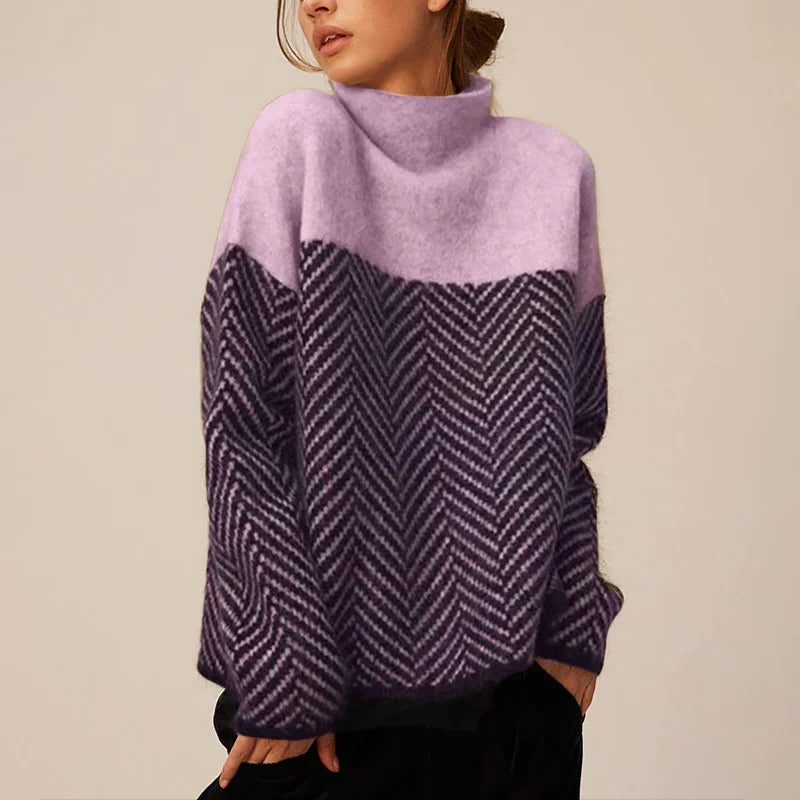 Women's oversized knit sweater stand-up collar herringbone pattern cozy two-tone everyday wear