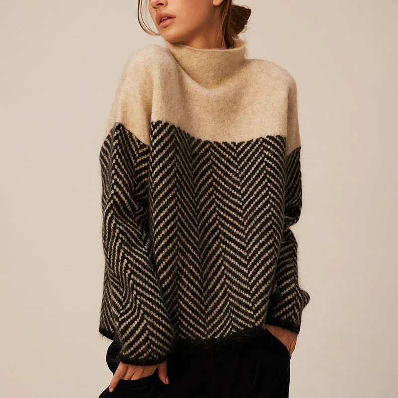 Women's oversized knit sweater stand-up collar herringbone pattern cozy versatile everyday wear