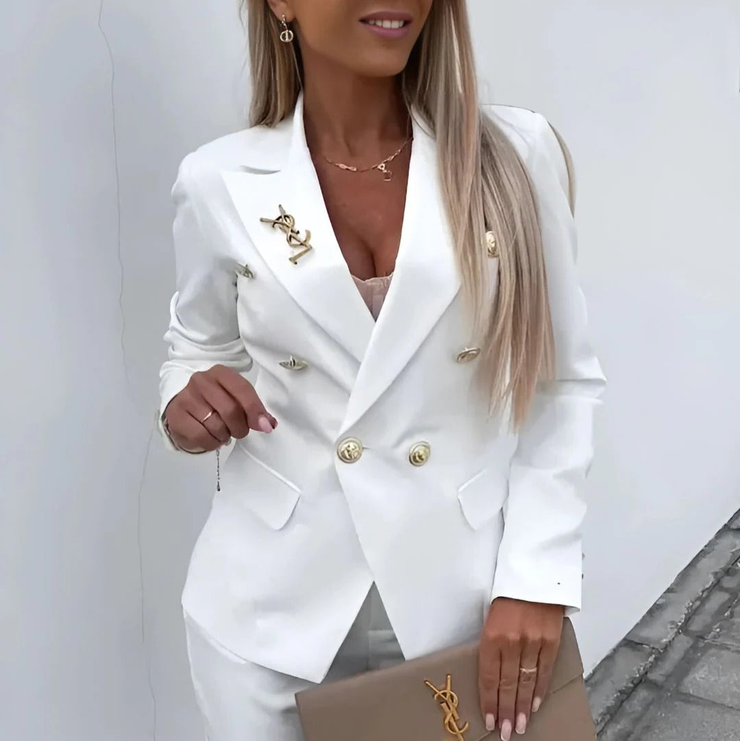 Women's black double-breasted blazer and tailored straight-leg trousers set with notched lapels