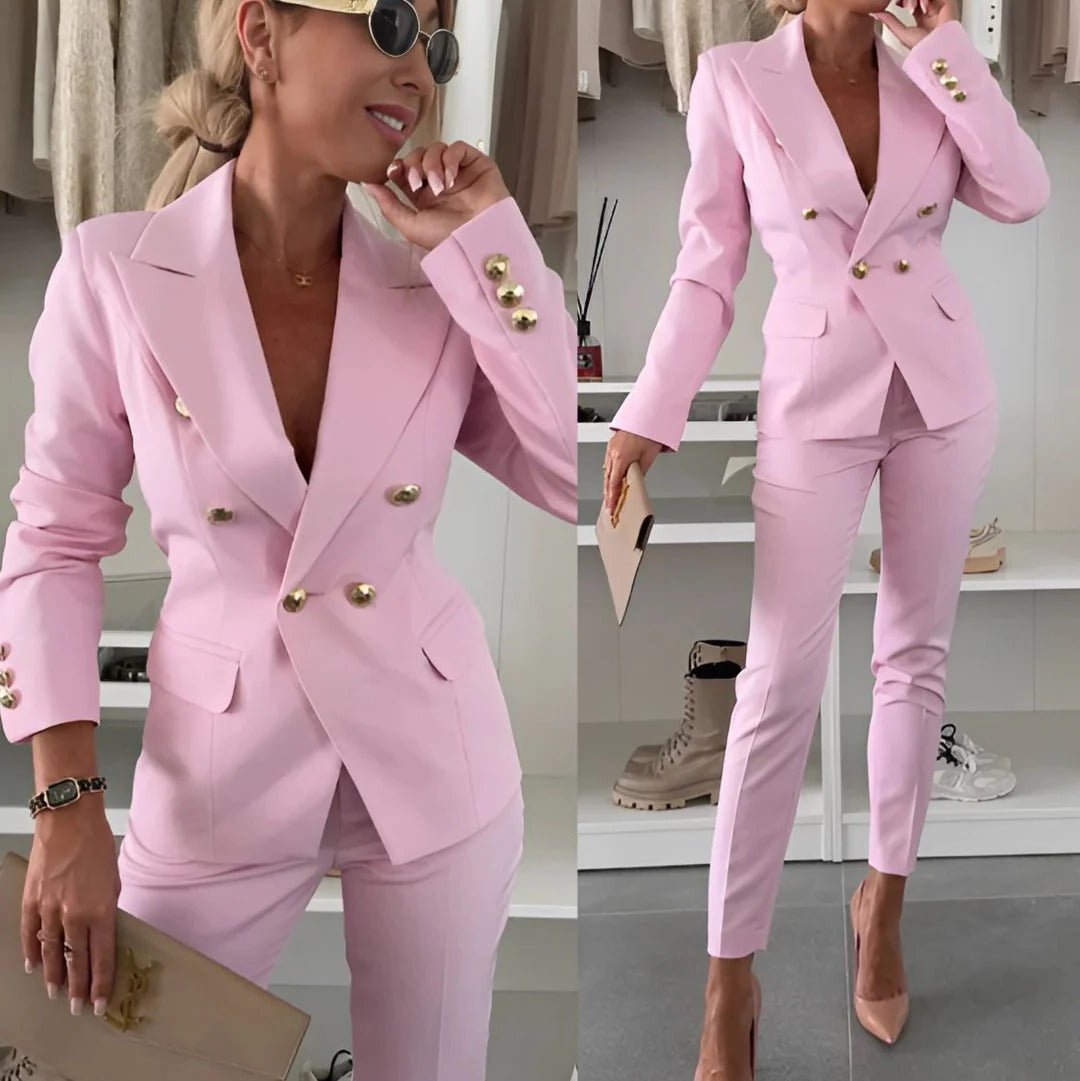 Women's black double-breasted blazer and straight-leg tailored trousers two-piece set