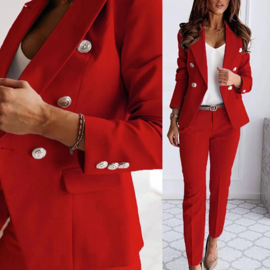 Women's black double-breasted blazer and tailored straight-leg trousers two-piece set