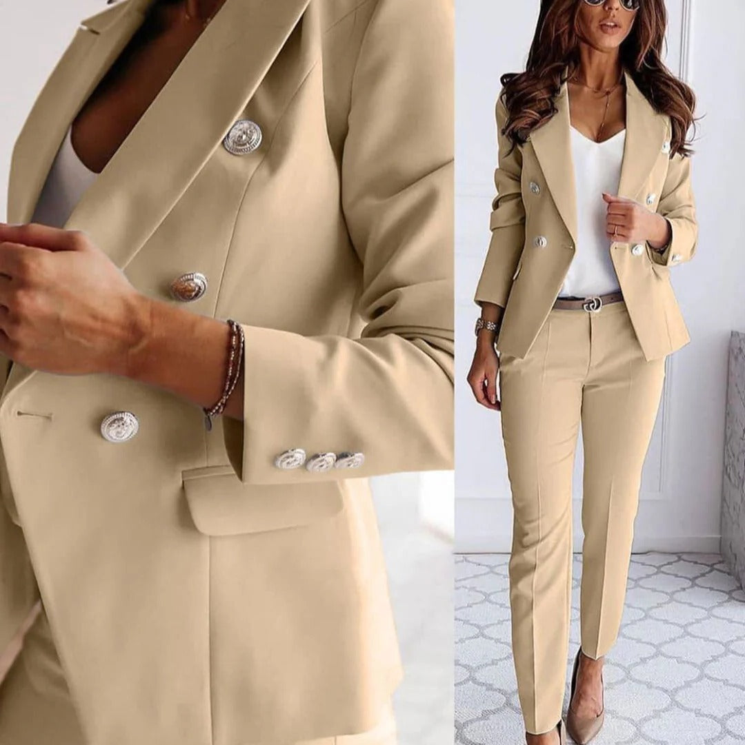Women's black double-breasted blazer and straight-leg tailored trousers two-piece set