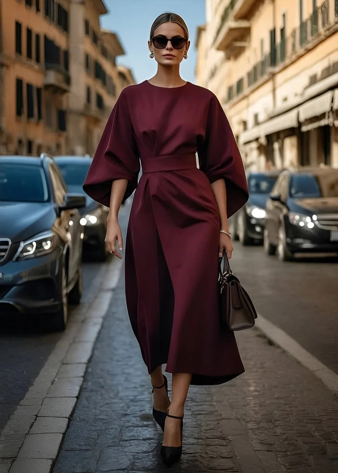 Women's loose fit belted maxi dress with wide kimono sleeves in elegant flowy silhouette
