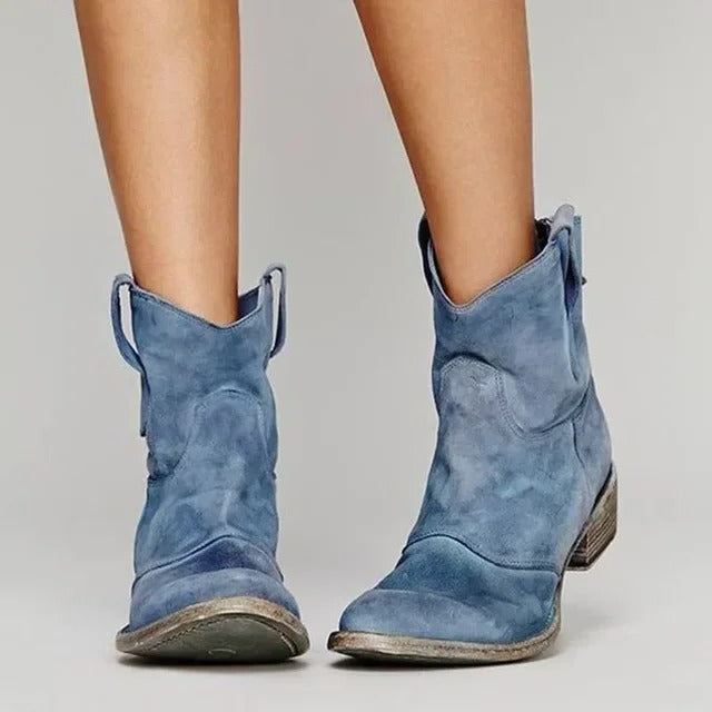 Women's western ankle boots in classic brown, pull-on block heel cowboy style with dual tabs