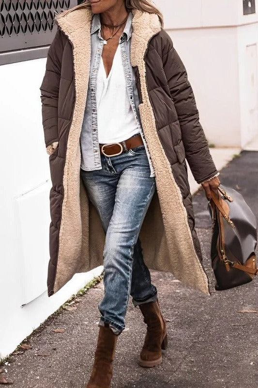Women's longline quilted padded coat with attached hood, slim winter silhouette for all-day warmth