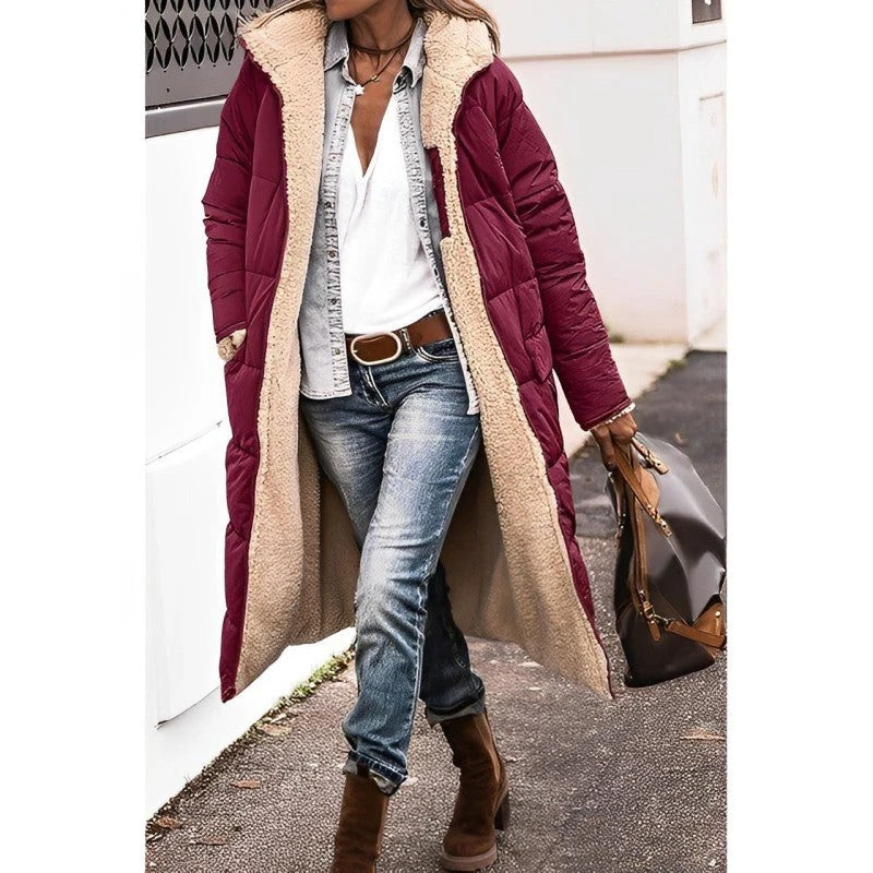 Women's longline quilted padded coat with attached hood, slim silhouette for winter warmth