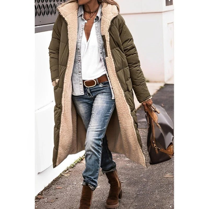 Women's longline quilted padded coat with attached hood, slim winter silhouette for all-day warmth