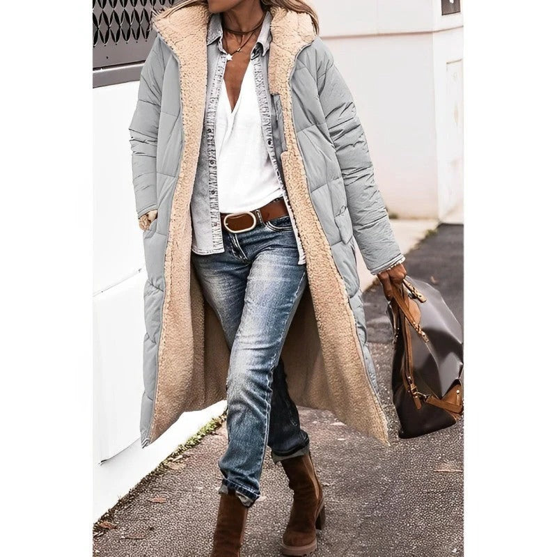 Women's longline quilted padded coat with attached hood, slim winter silhouette for all-day warmth