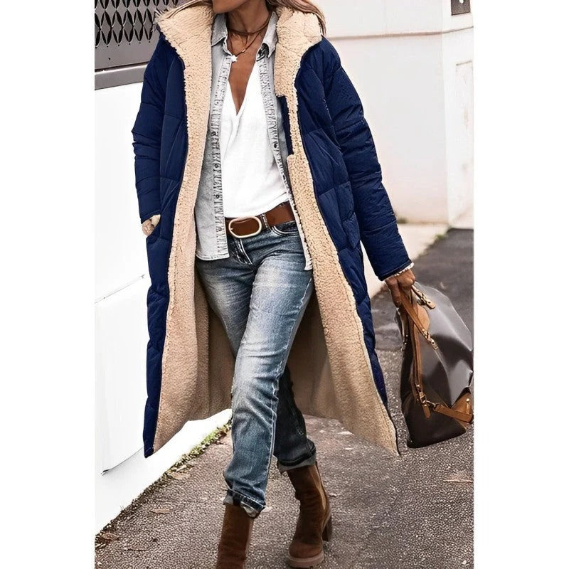 Women's longline quilted padded coat with attached hood, slim winter silhouette for all-day warmth
