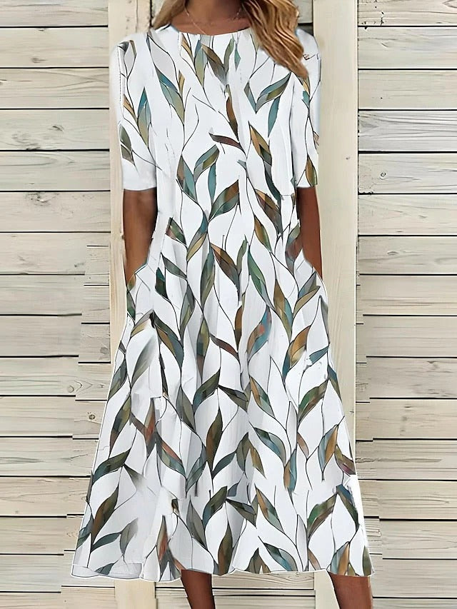 Floral print midi dress with A-line silhouette, high neckline, lightweight breezy fabric for spring