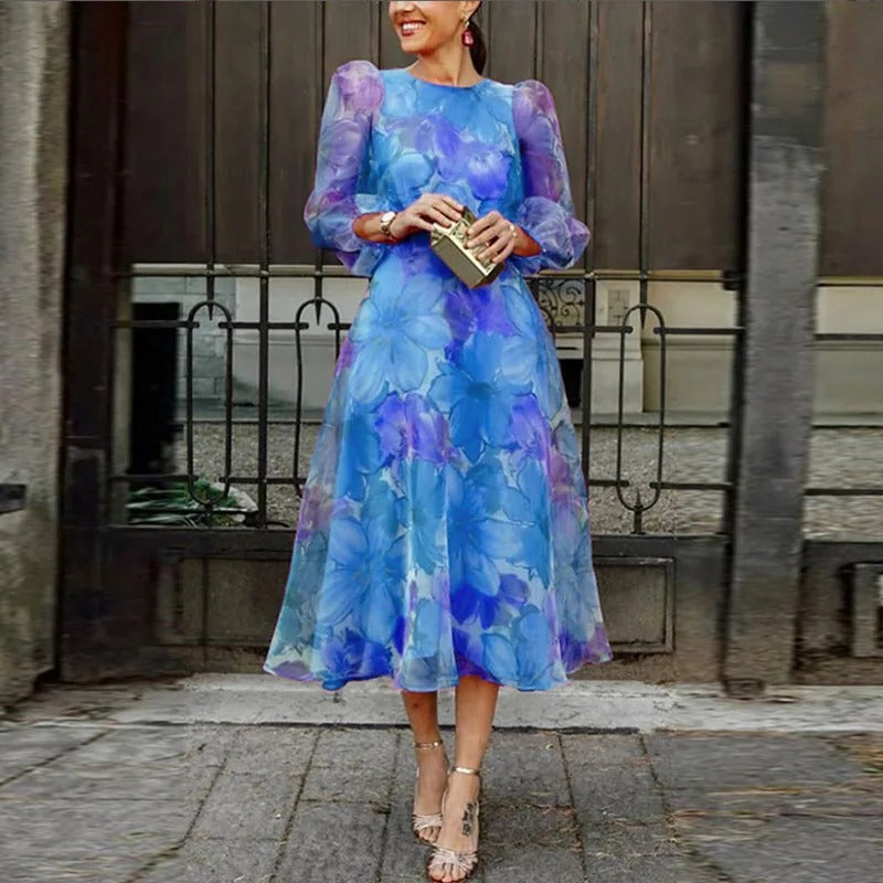 Floral midi dress with sheer long sleeves, lightweight layered construction in multicolor print