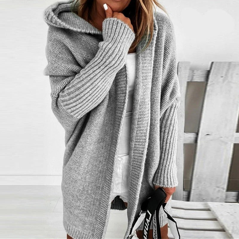 Heather gray hooded knit cardigan with relaxed silhouette and oversized open-front design