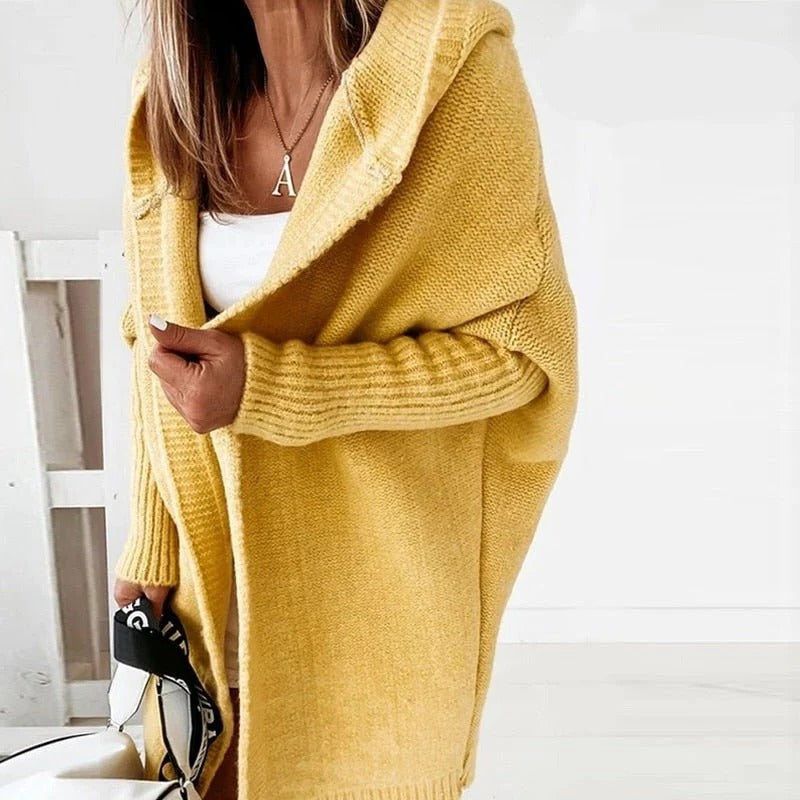 Oversized hooded knit cardigan open-front relaxed silhouette cozy layering essential for cooler months