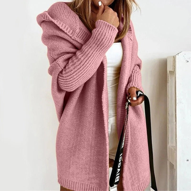 Beige hooded knit cardigan relaxed silhouette open-front design oversized hood for cozy layering