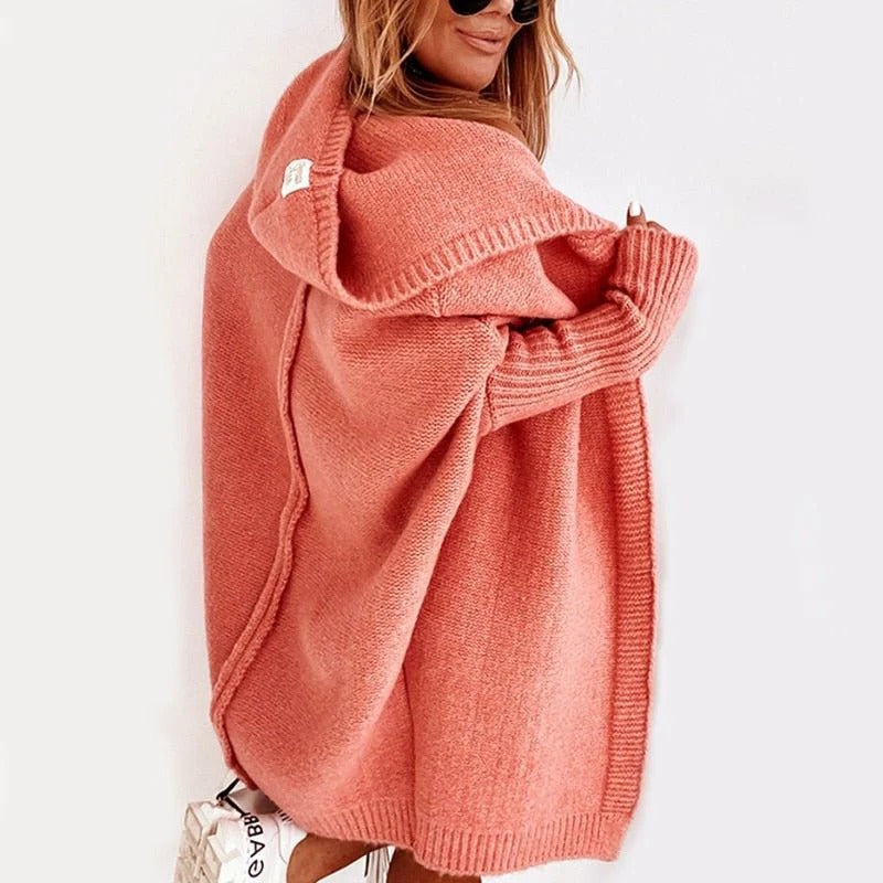 Oversized hooded knit cardigan open-front relaxed silhouette cozy layering style for cooler months