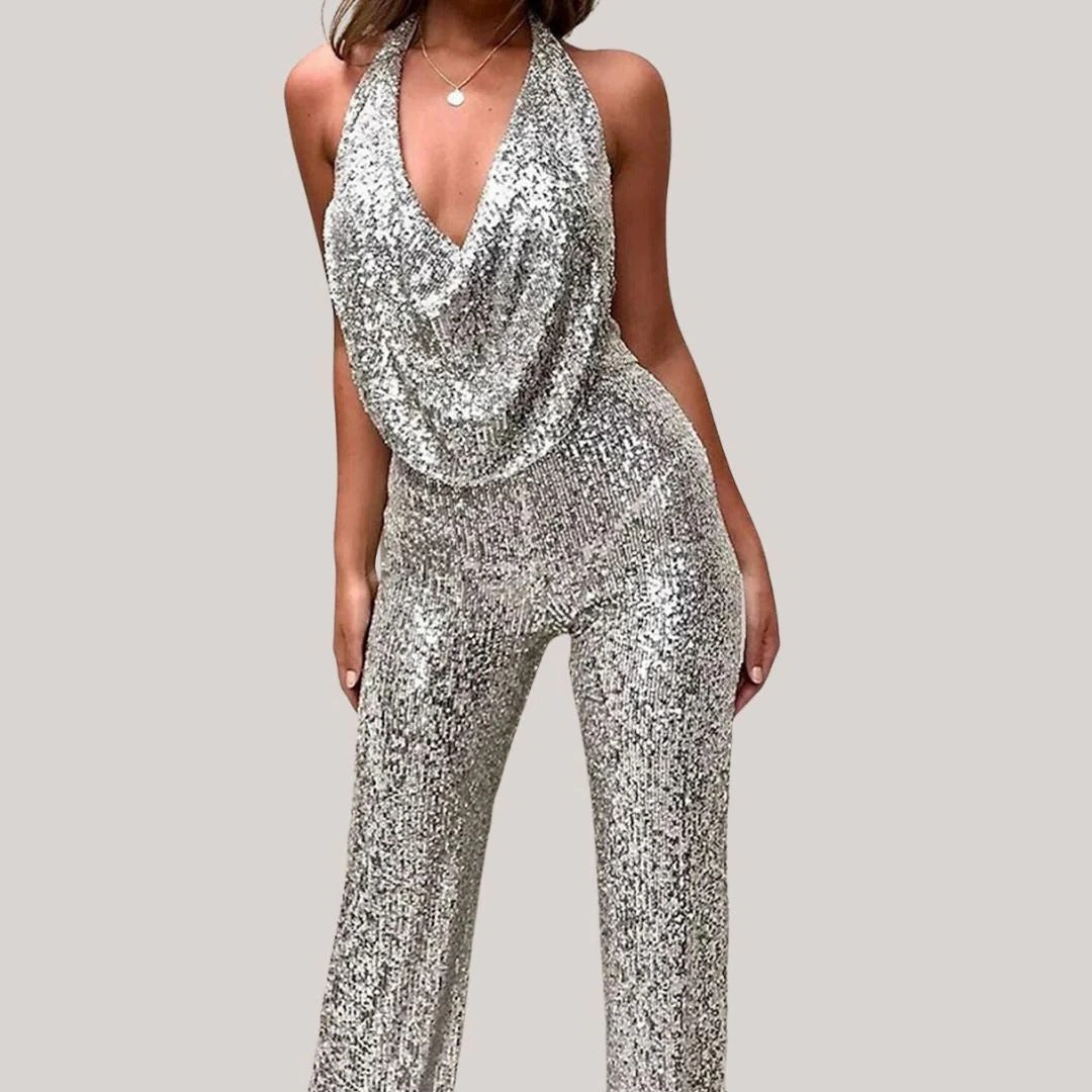 Silver sequin halter jumpsuit with draped neckline and glam wide-leg silhouette for women