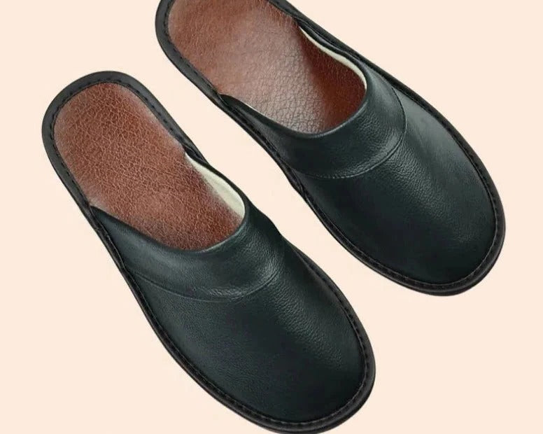 Men's brown reconstituted leather slip-on slippers lightweight cushioned casual everyday home footwear