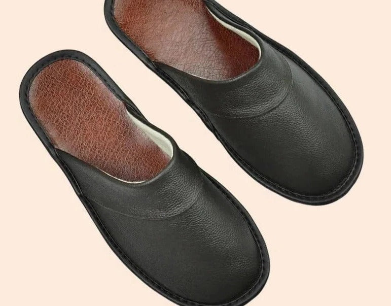 Men's brown reconstituted leather slip-on slippers lightweight cushioned casual home everyday comfort