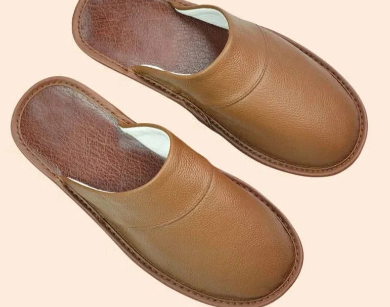 Men's brown reconstituted leather slip-on slippers lightweight cushioned casual home footwear