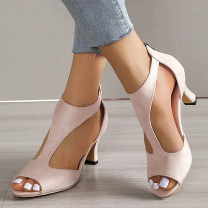 Beige comfort high heels with cushioned insoles, elegant silhouette, and alignment-driven supportive design