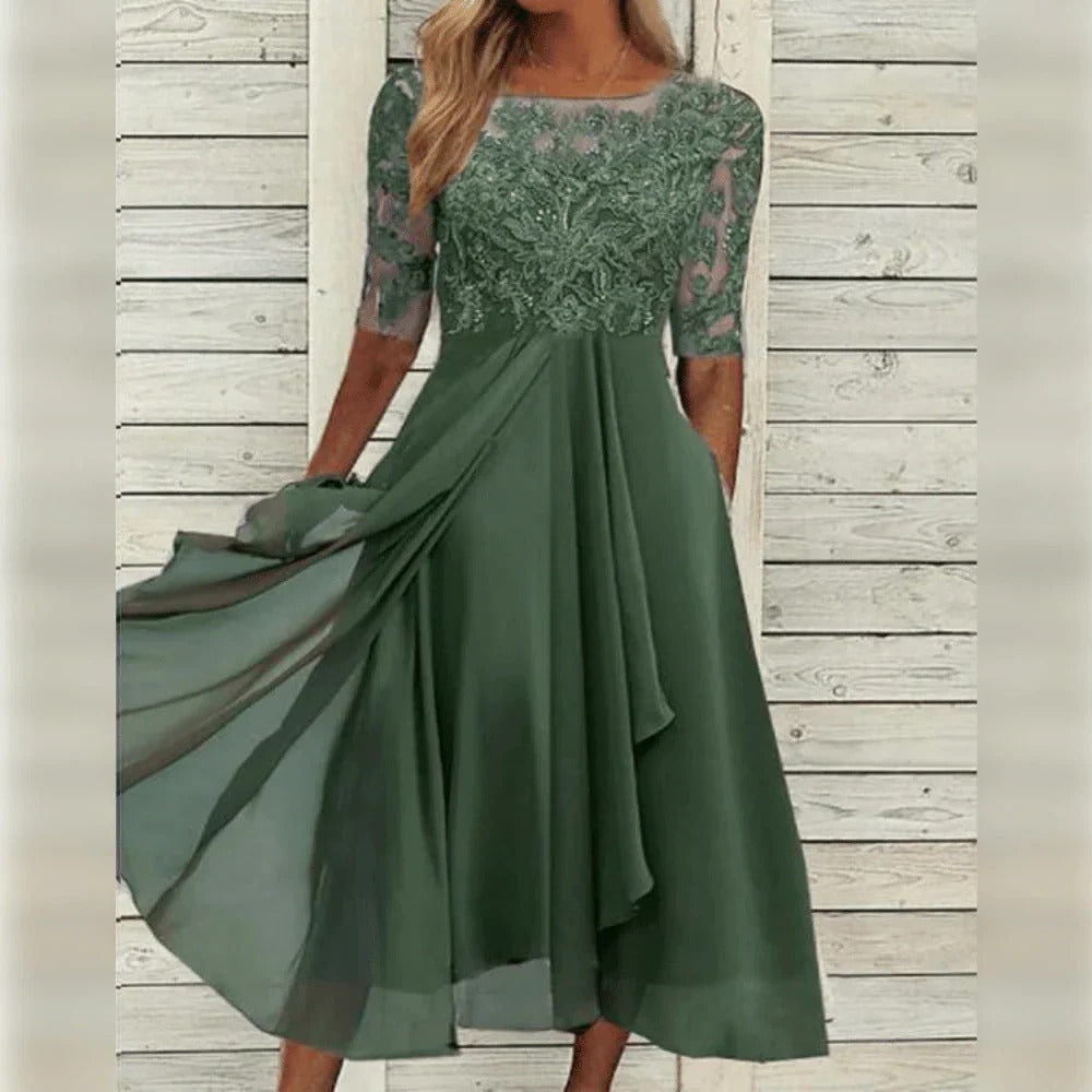 Women's elegant lace bodice chiffon skirt dress in flowing silhouette for special occasions
